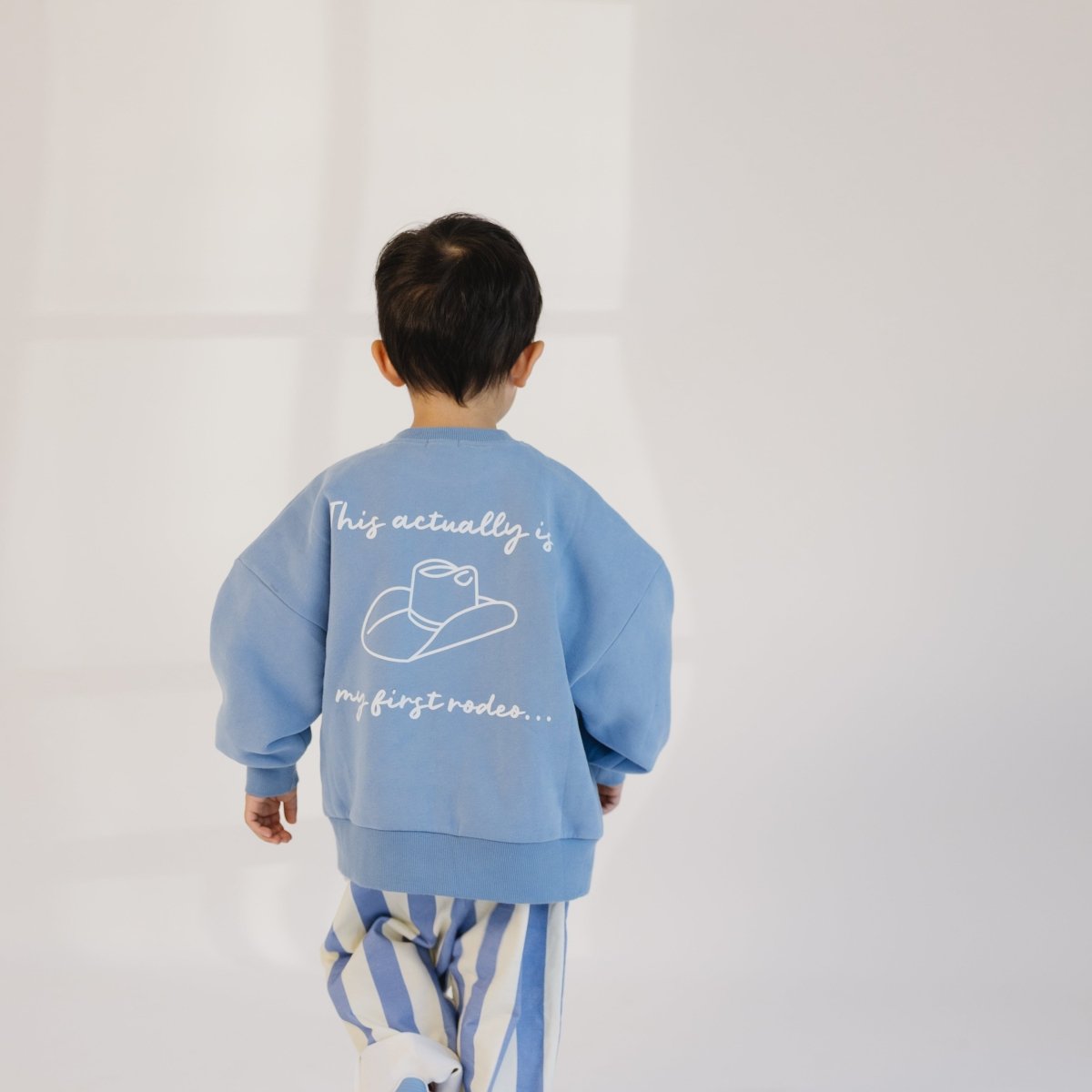 First Rodeo Fleece - lined Graphic Crewneck - Pink and Blue - Roobear Kids