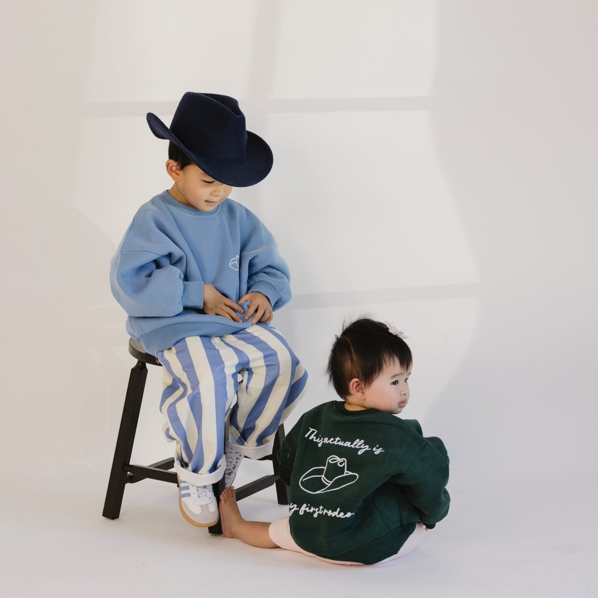 First Rodeo Fleece - lined Graphic Crewneck - Pink and Blue - Roobear Kids