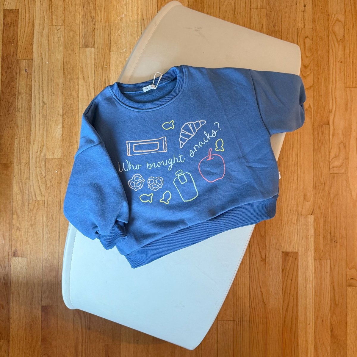 Who Brought Snacks Fleece - lined Graphic Crewneck - Vanilla and Navy - Roobear Kids