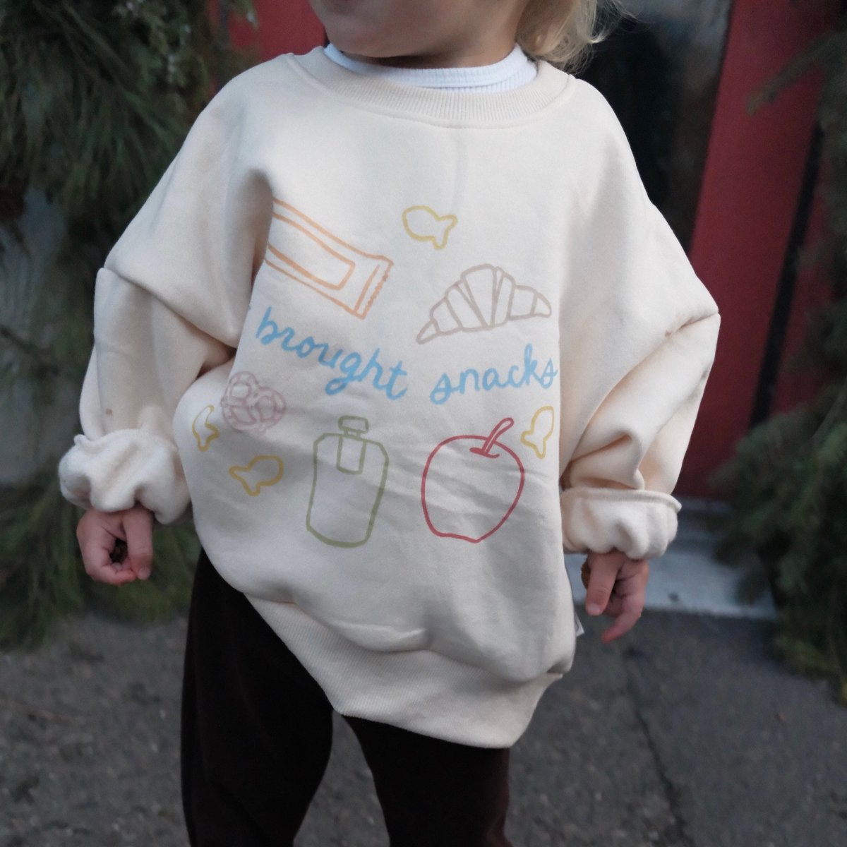 Who Brought Snacks Fleece - lined Graphic Crewneck - Vanilla and Navy - Roobear Kids